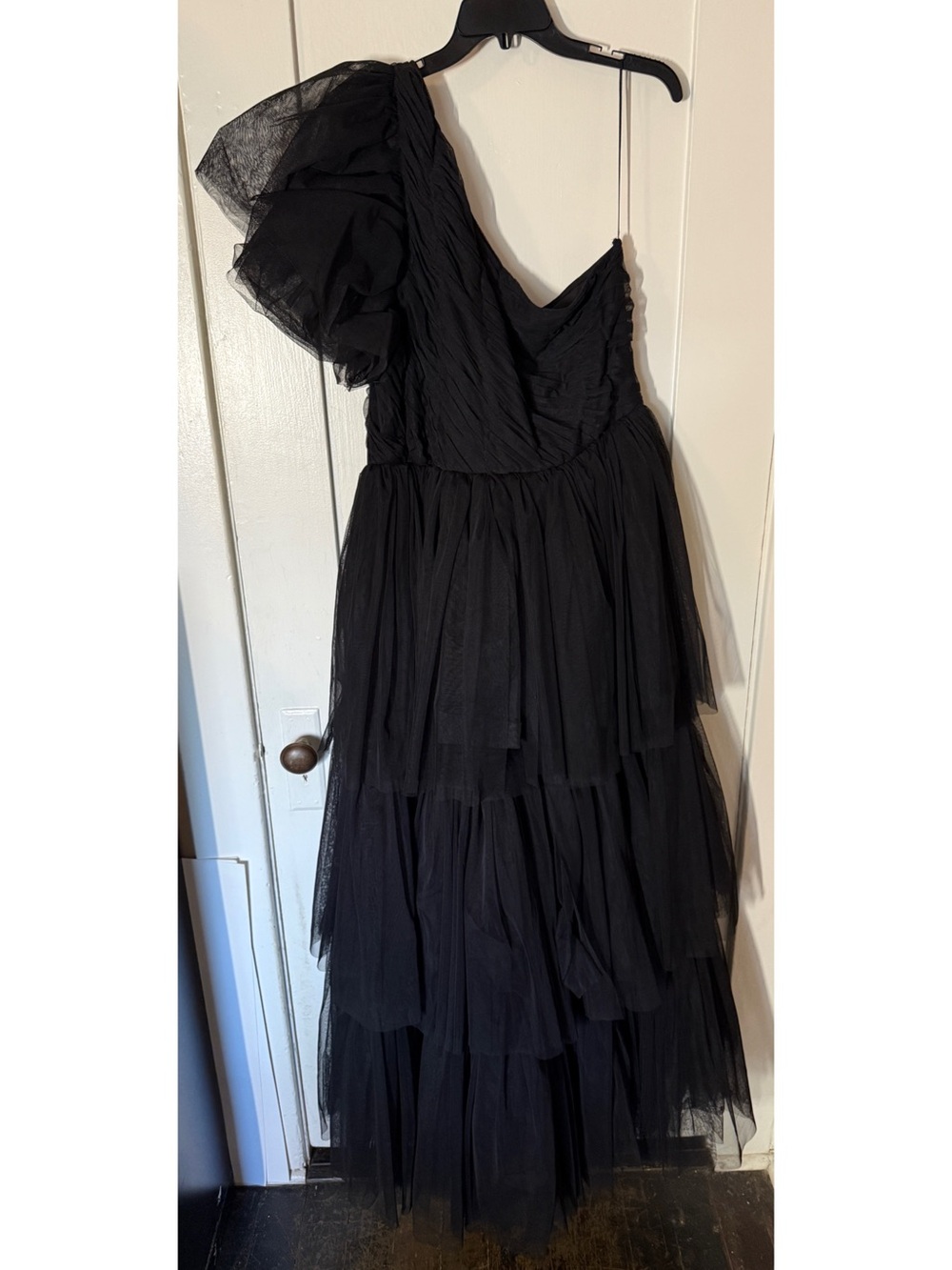 Asymmetric One-Shoulder Black Tulle Tiered Evening Dress Formal Goth Gown Glam - Picture 3 of 8